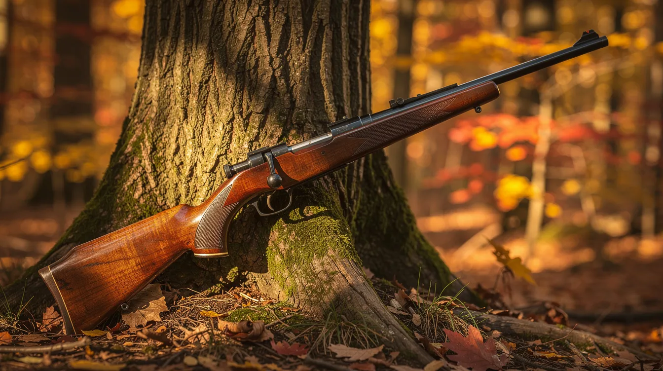 A classic sporter Mauser 98 rifle with a polished walnut stock and a gracefully swept Oberndorf-style bolt handle is leaning against a tree in an autumn forest, showcasing its fine craftsmanship and the beauty of its mauser action. The vibrant autumn leaves create a picturesque backdrop, highlighting this nice rifle's elegant design and hunting heritage.