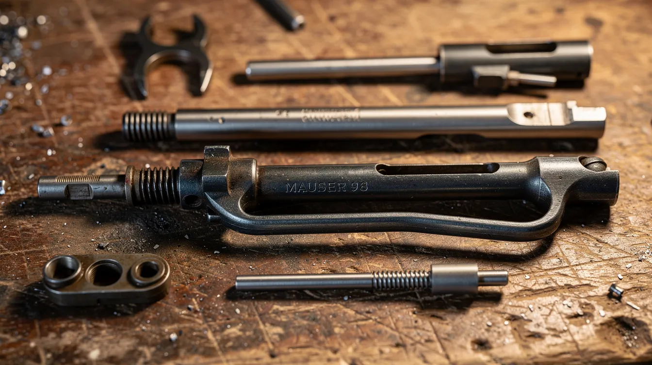 A close-up view of a disassembled Mauser 98 bolt assembly on a wooden workbench, showcasing the bolt body, bolt handle, and firing pin, emphasizing the intricate details of this classic rifle's components. The image highlights the craftsmanship involved in the Mauser action, perfect for those interested in custom rifles or re-barreling projects.