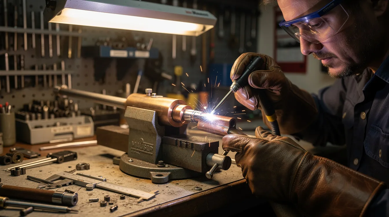 A gunsmith is seen using a TIG welder to work on a Mauser bolt handle at a well-lit workbench, with heat sinks visible in the background. The focus is on the precision of the welding process as the craftsman carefully assembles the bolt handle for a rifle.