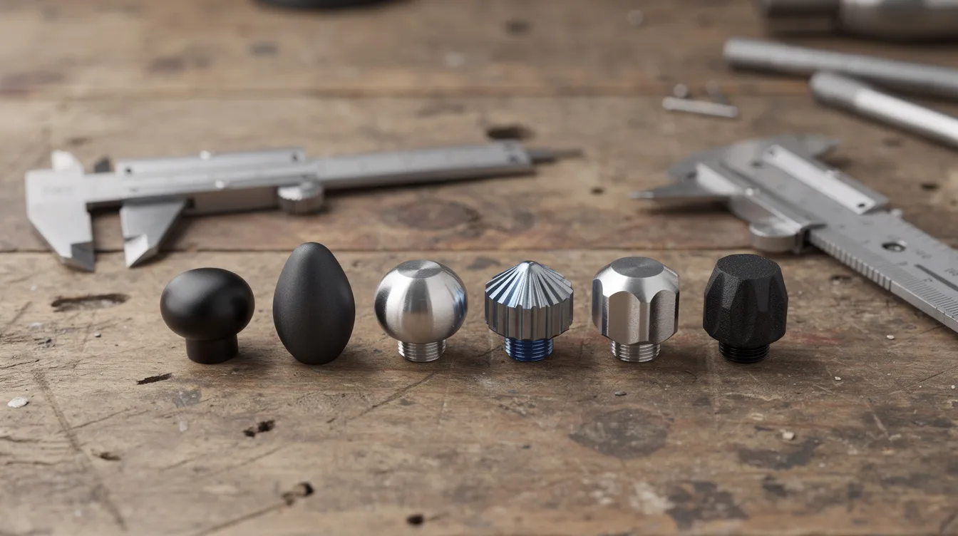 The image displays an assortment of bolt knobs in various shapes and finishes, neatly arranged on a wooden workbench alongside calipers and a thread gauge, showcasing the precision involved in the manufacturing of bolt handles for rifles. The different designs highlight the attention to detail in the assembly and installation of these components.