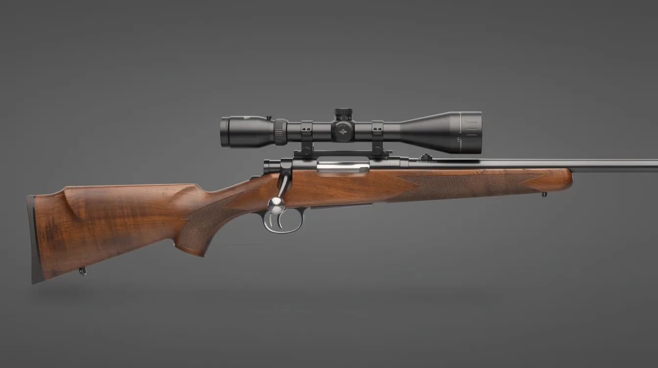 Mauser sporter rifle equipped The image shows a side profile of a Mauser sporter rifle equipped with a mounted scope, emphasizing the uniquely turned-down bolt handle that allows it to clear the scope bell. The rifle's sleek design and machined parts highlight the precision engineering involved in its assembly.