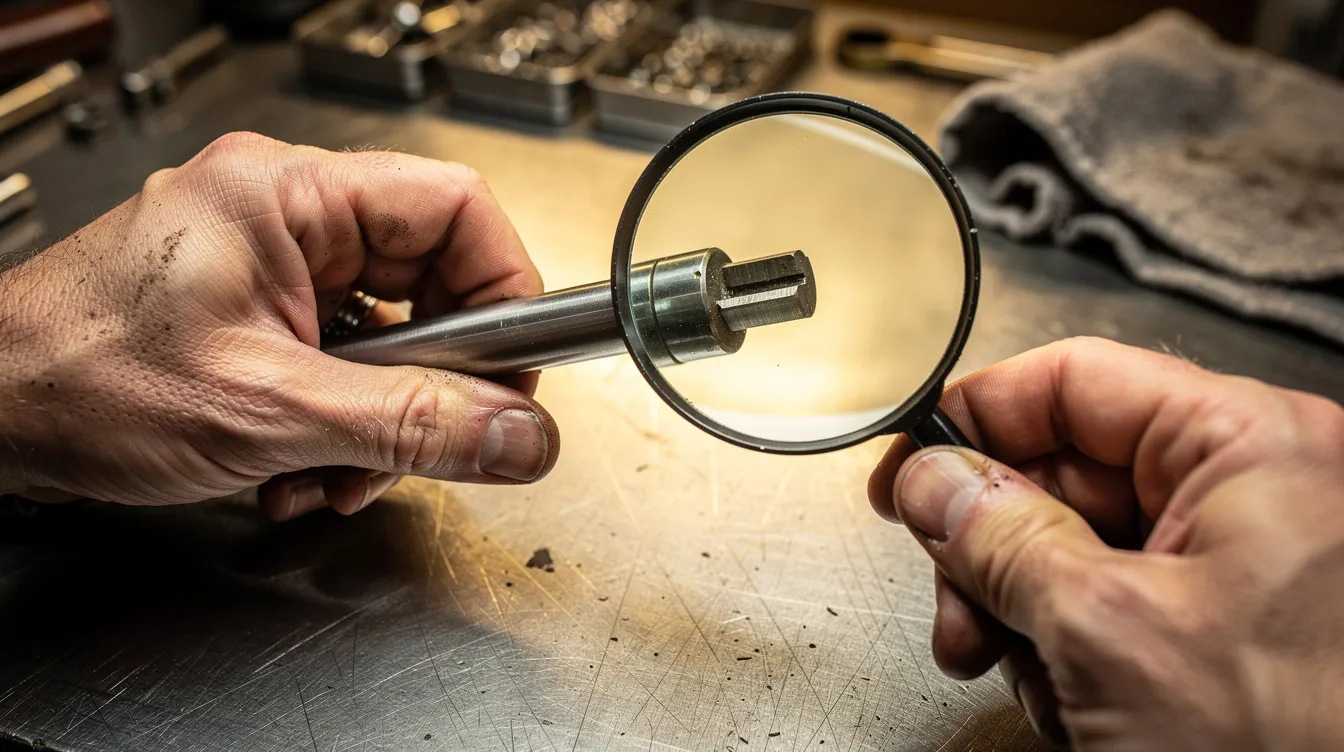 The image shows hands holding a magnifying glass to closely inspect the root of a Mauser bolt handle, with bright workshop lighting illuminating the fine details of the metal. This careful examination highlights the craftsmanship involved in maintaining a custom rifle, particularly the Mauser 98 action.